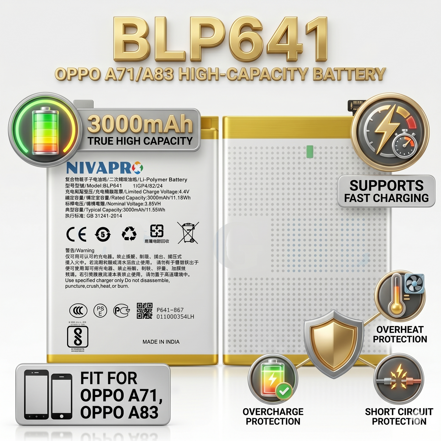 Original BLP641 for Oppo A71 / A83  3000mAh Battery with warranty by NIVAPRO