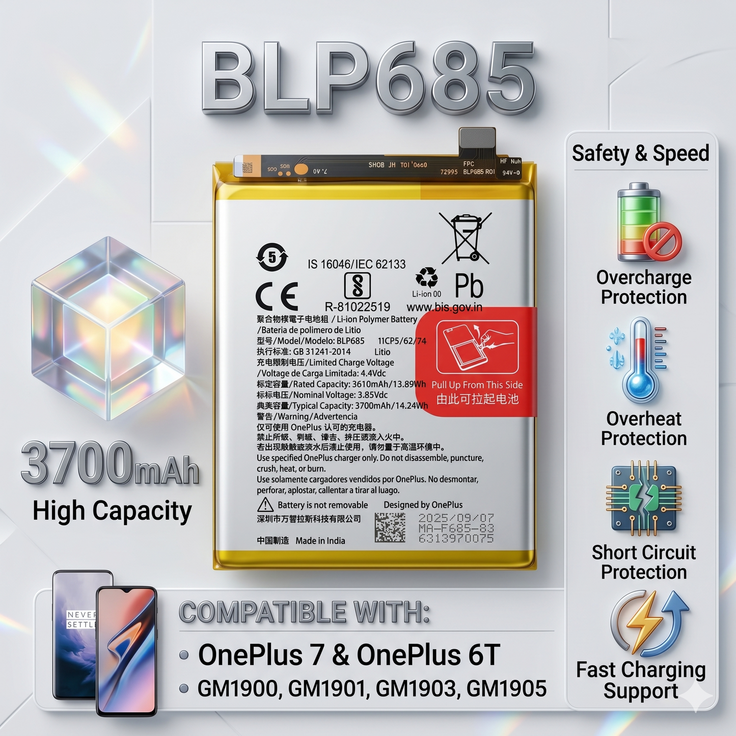 BLP685 Battery for OnePlus 7, 6T GM1900 GM1901 GM1903 GM1905  3700mAh Battery with warranty by NIVAPRO