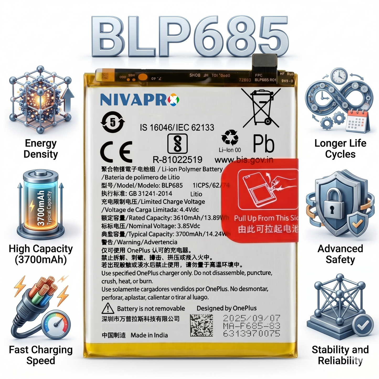 BLP685 Battery for OnePlus 7, 6T GM1900 GM1901 GM1903 GM1905  3700mAh Battery with warranty by NIVAPRO