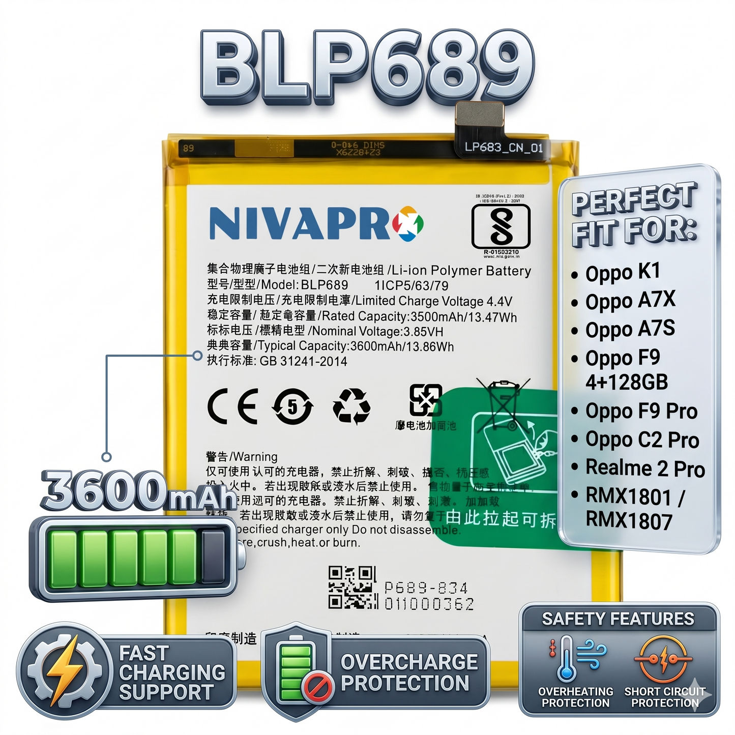 BLP689 for Oppo K1 / A7X / A7S / F9 4+ 128G F9 PRO / C2 PRO / 2 PRO / RMX1801,RMX1807  3600mAh Battery with warranty by NIVAPRO