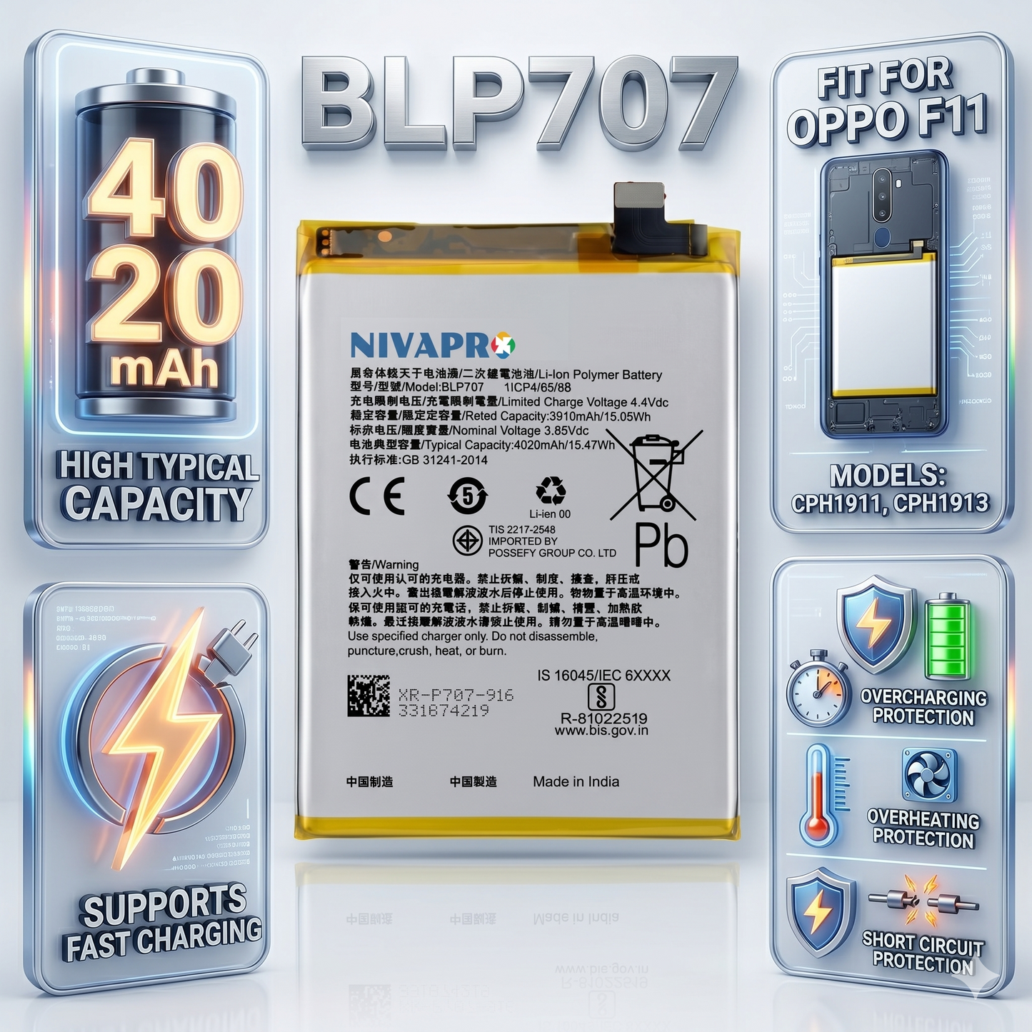 BLP707 for Oppo F11 (models CPH1911 and CPH1913) Battery with warranty by NIVAPRO