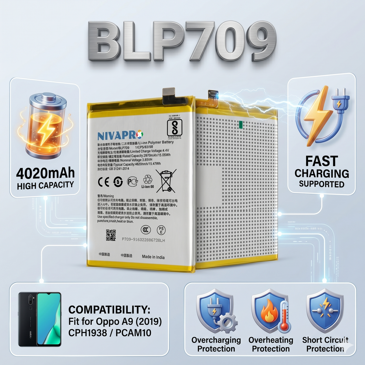 BLP709 for  Oppo A9 (2019) (models CPH1938, PCAM10) 4020mAh Battery with warranty by NIVAPRO