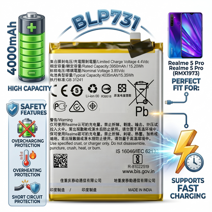 BLP731 for Realme 5 Pro (model numbers RMX1971 and RMX1973) 4000mAh Battery with warranty by NIVAPRO