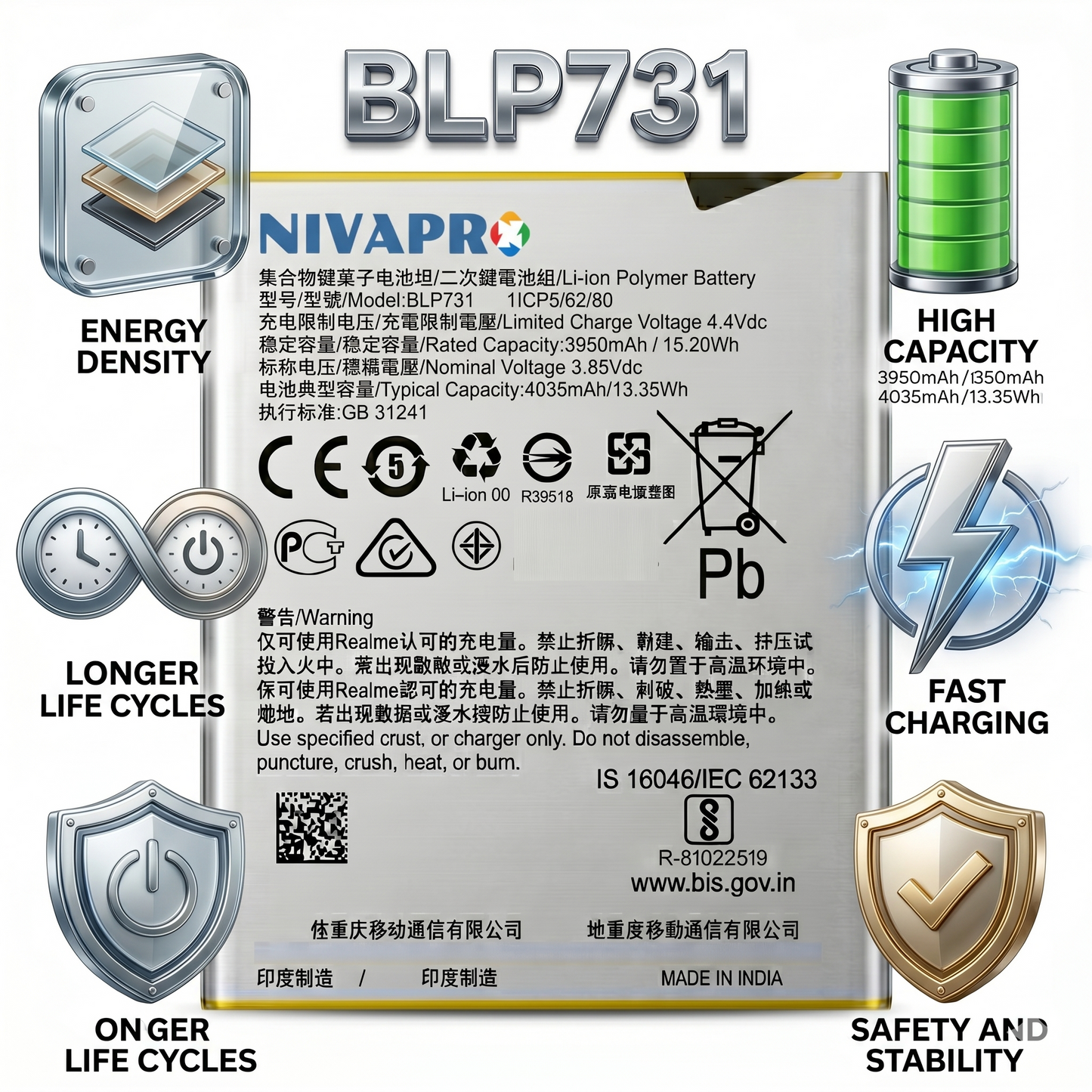 BLP731 for Realme 5 Pro (model numbers RMX1971 and RMX1973) 4000mAh Battery with warranty by NIVAPRO