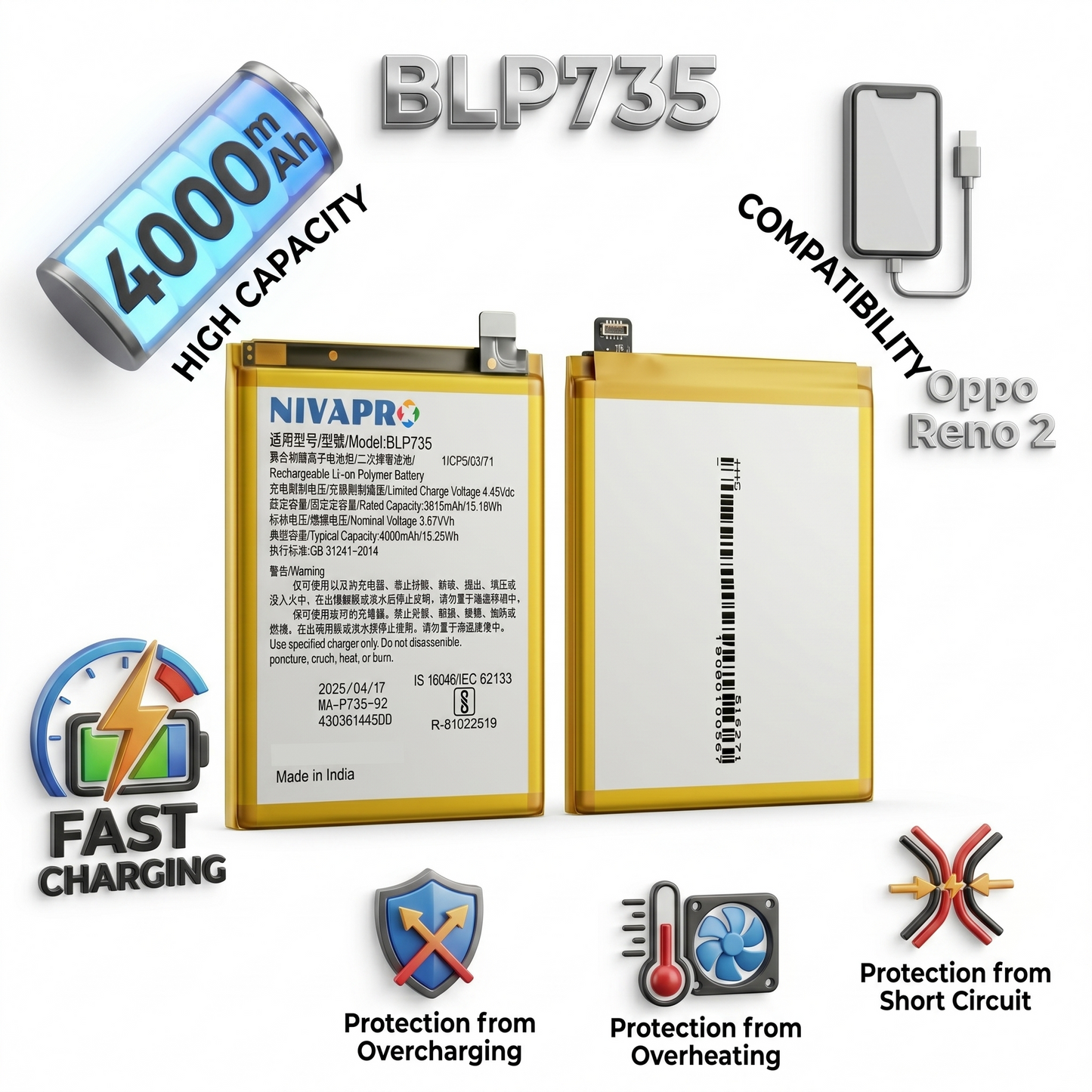 BLP735 for  Oppo Reno 2 (CPH1907) 4000mAh Battery with warranty by NIVAPRO
