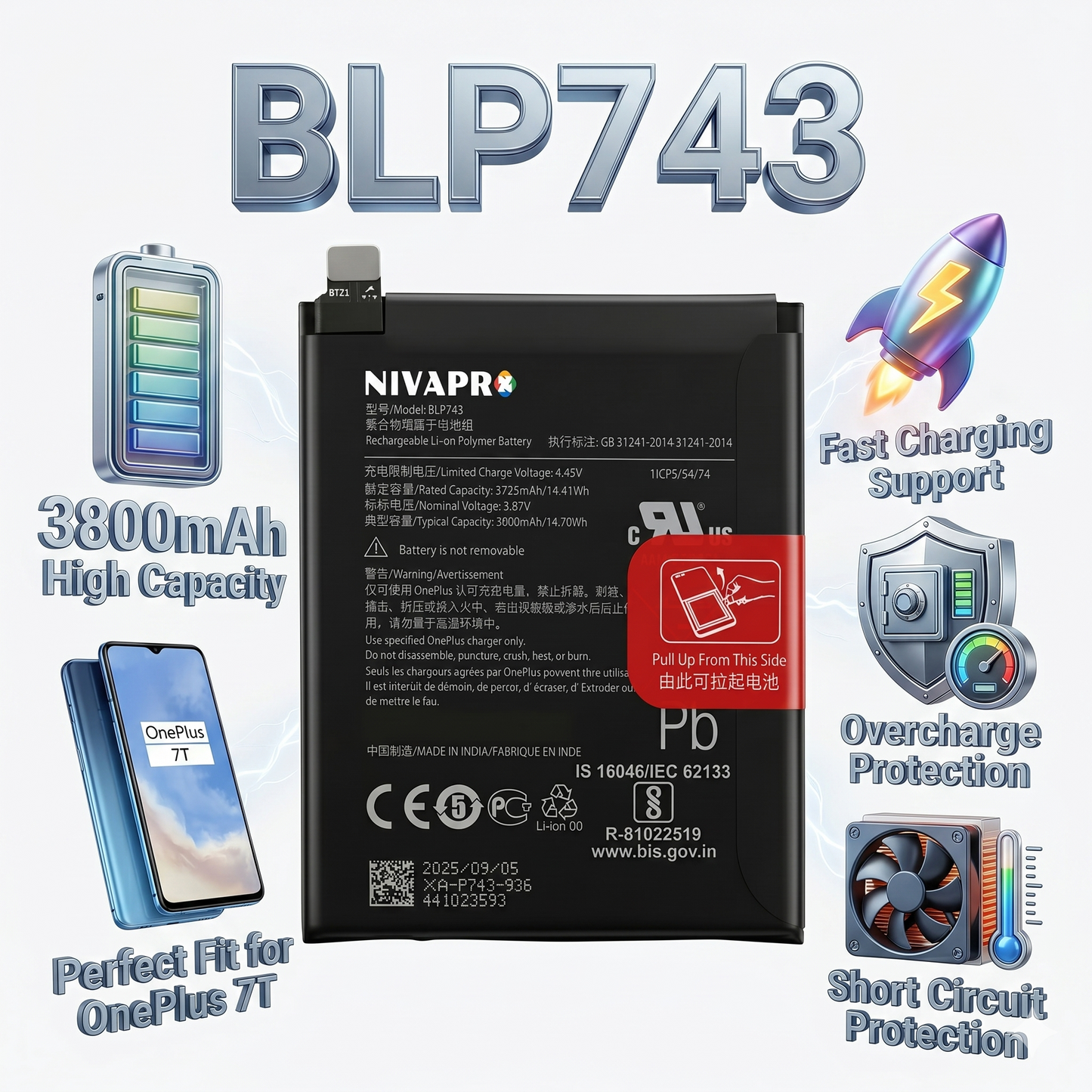 BLP743 for OnePlus 7T (models HD1900, HD1901, HD1903, HD1905, and HD1907) 3800mAh Battery with warranty by NIVAPRO