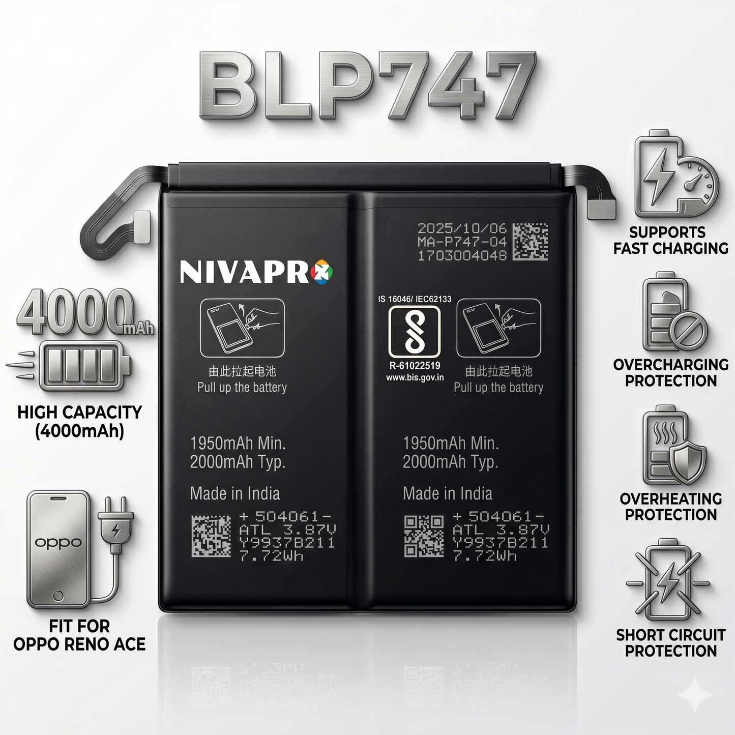 BLP747 for  Oppo Reno Ace 4000mAh Battery with warranty by NIVAPRO