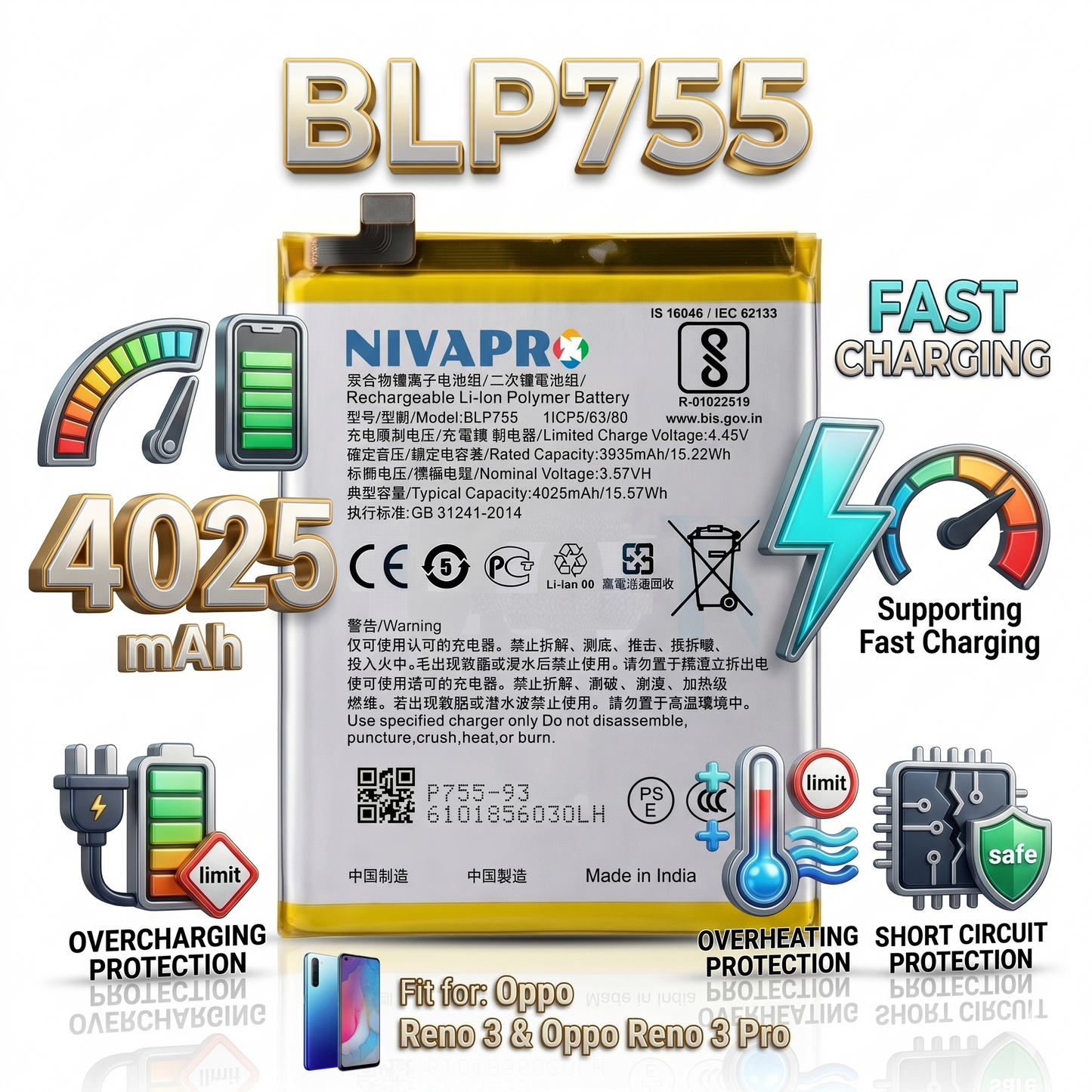 BLP755 for  Oppo Reno 3 and Oppo Reno 3 Pro 4025mAh Battery with warranty by NIVAPRO