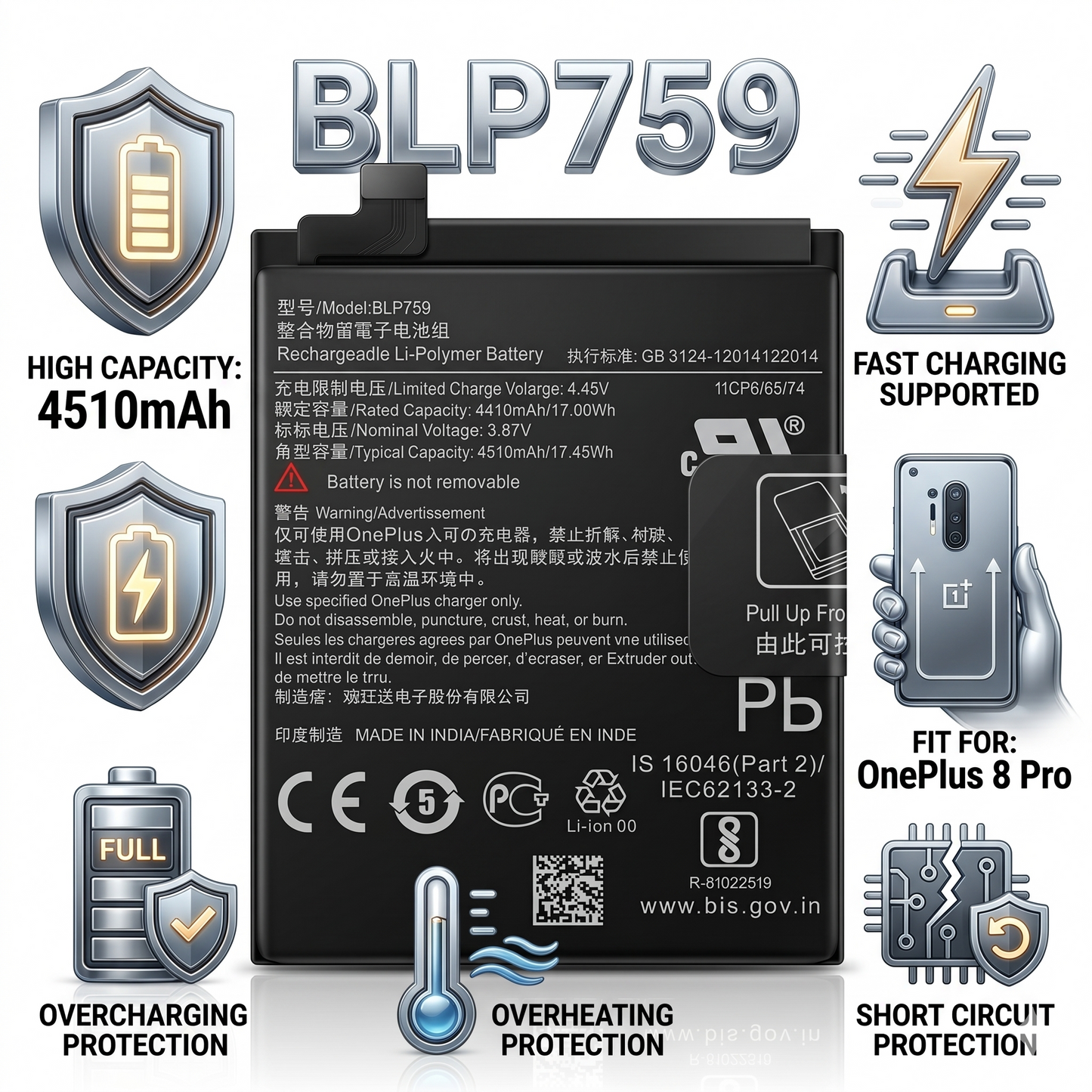 BLP759 for  OnePlus 8 Pro 4510mAh Battery with warranty by NIVAPRO