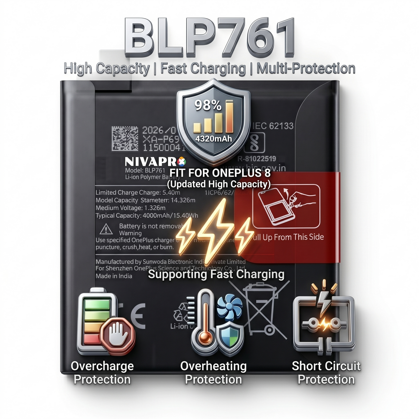 Original BLP761 for  OnePlus 8 4320mAh  Battery with warranty by NIVAPRO