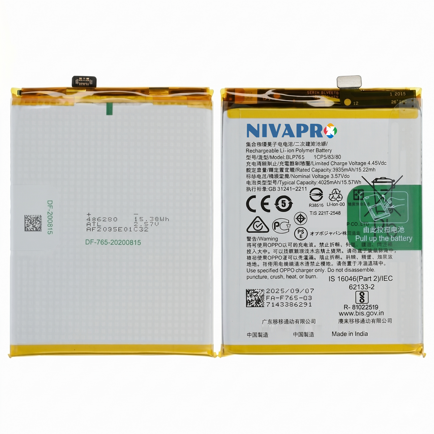 Original BLP765 for  Oppo Reno 3 | A91 | F15 CHP2001 | CPH2021 |  PCPM00 4025mAh  Battery with warranty by NIVAPRO