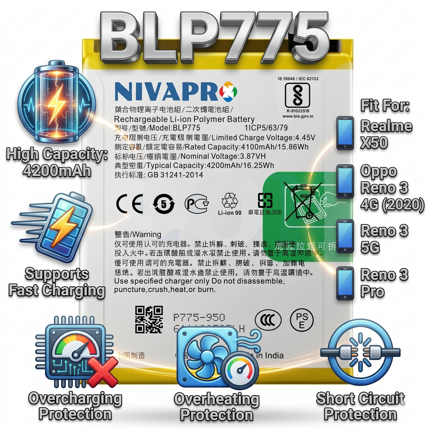 Original BLP775  for  Realme X50 | Reno 3 4G 2020 | 3 5G | 3 PRO | CPH2009 | PCRM00 | PCRT00  4200mAh  Battery with warranty by NIVAPRO