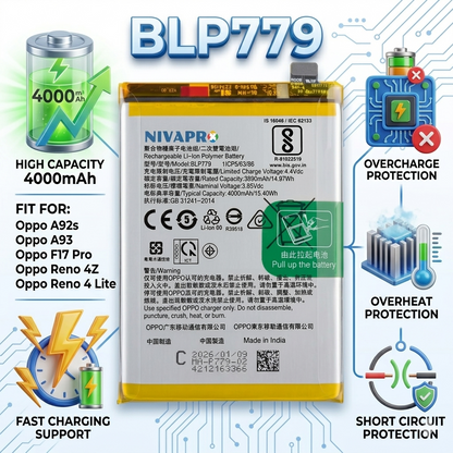 Original BLP779 for Oppo A92s A93, F17 Pro, Reno 4Z, Reno 4 Lite 4000mAh  Battery with warranty by NIVAPRO
