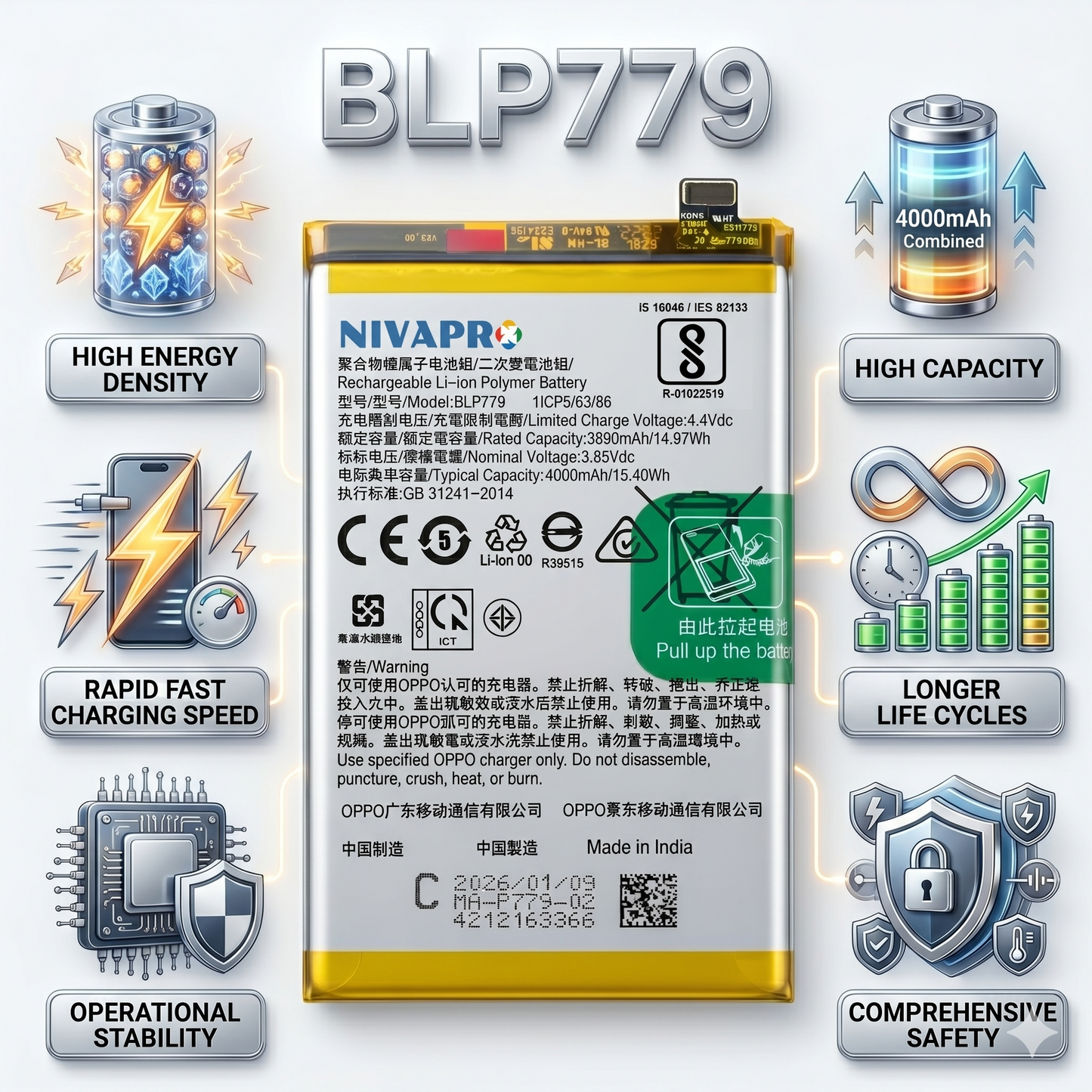 Original BLP779 for Oppo A92s A93, F17 Pro, Reno 4Z, Reno 4 Lite 4000mAh  Battery with warranty by NIVAPRO