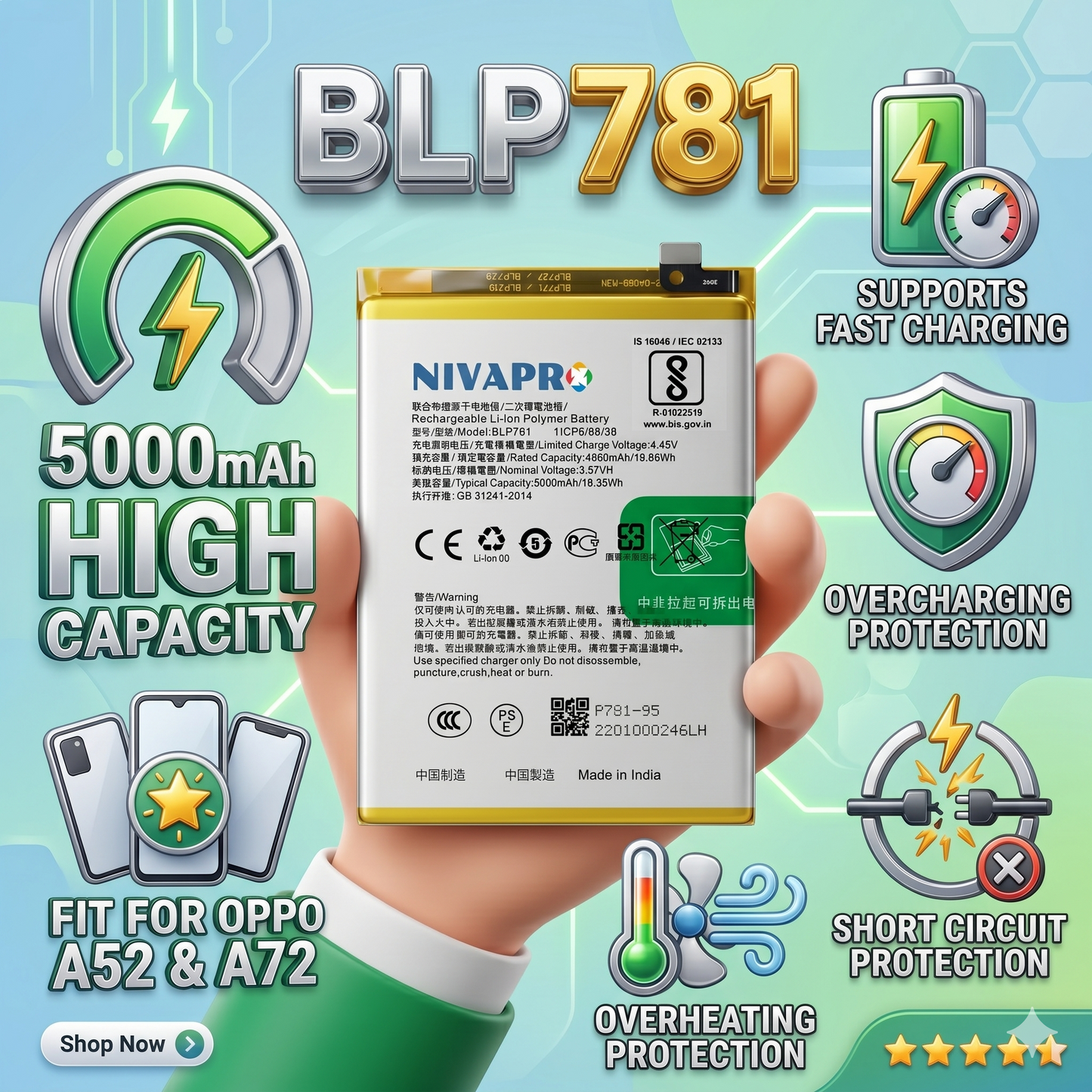 Original BLP781 for Oppo A52,A72 CPH2061, CPH2067 5000mAh  Battery with warranty by NIVAPRO