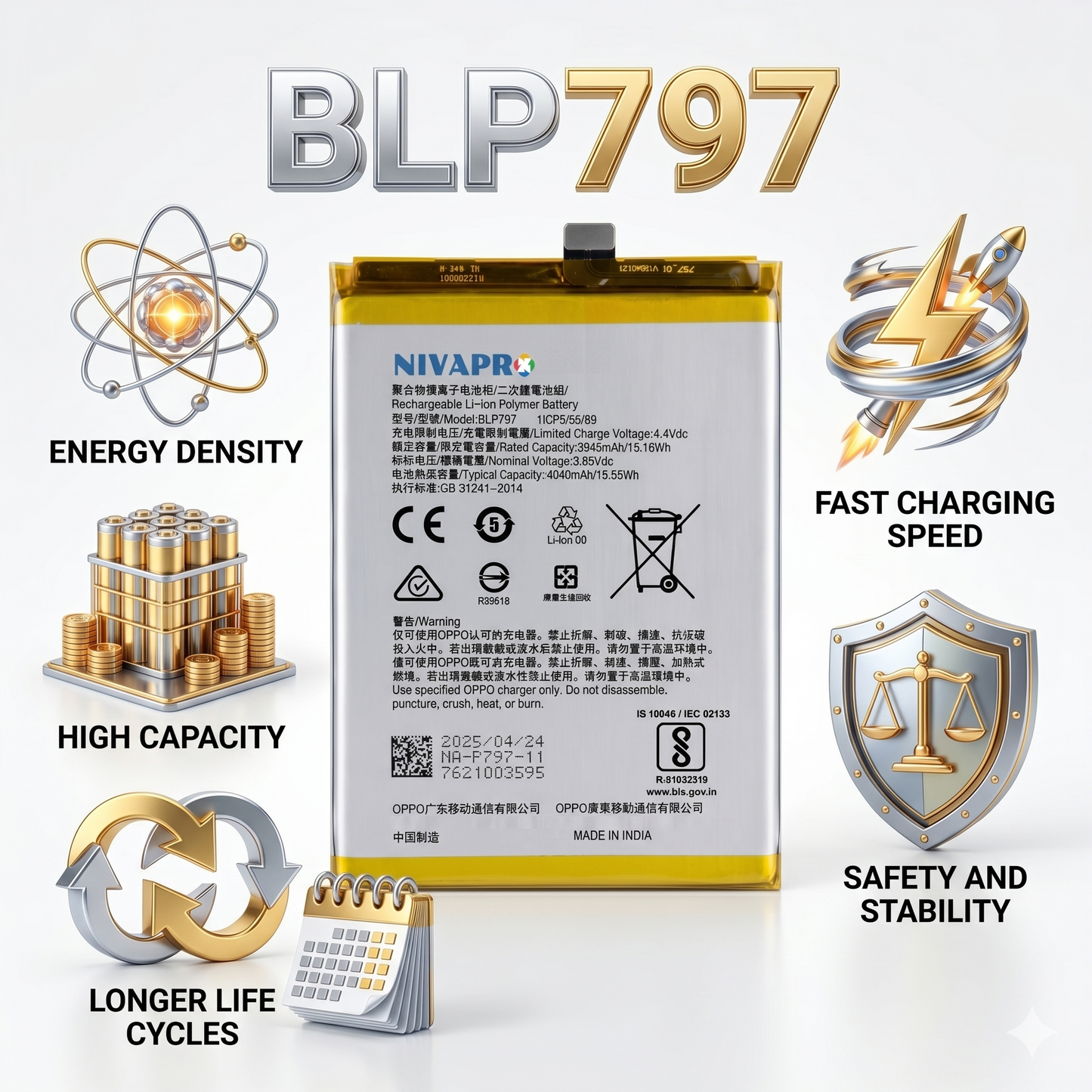BLP797 Battery for Oppo A72 5G, Oppo A73 5G smartphones 4040mAh Battery with warranty by NIVAPRO