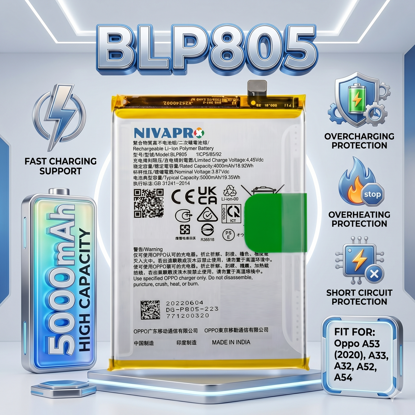 BLP805 Battery for  Oppo A53 (2020), A33, A32, A52, and A54 smartphones 5000mAh Battery with warranty by NIVAPRO