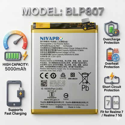 BLP807  for Smartphones Realme 7/7 5g  5000mAh Battery by NIVAPRO