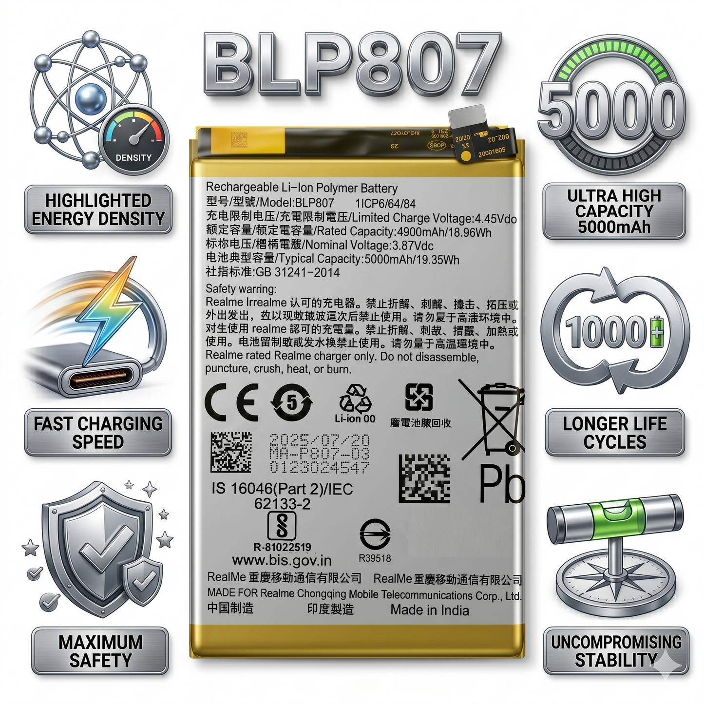 BLP807  for Smartphones Realme 7/7 5g  5000mAh Battery by NIVAPRO