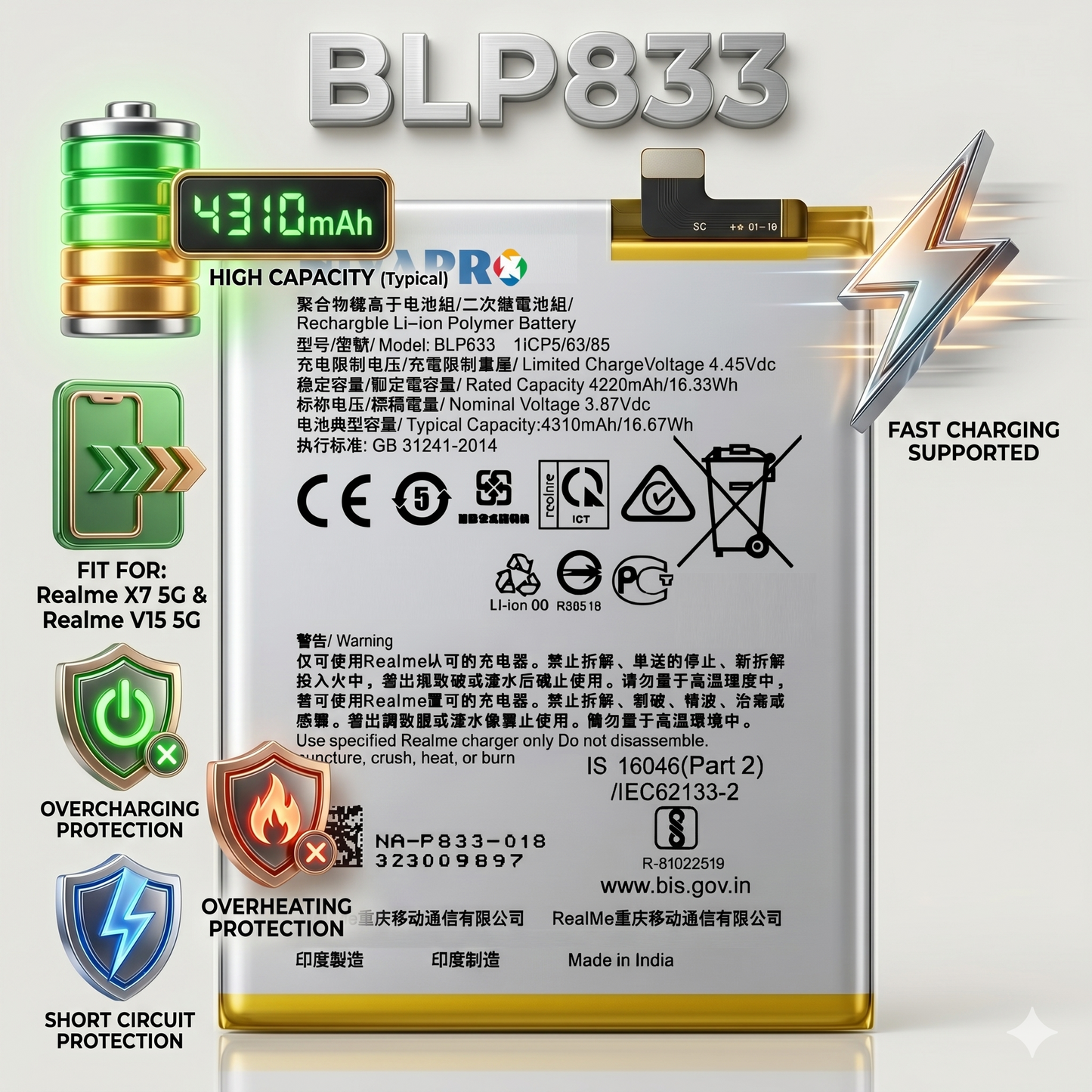 BLP833 Battery for Realme X7 5G and Realme V15 5G smartphones 4310mAh Battery with warranty by NIVAPRO