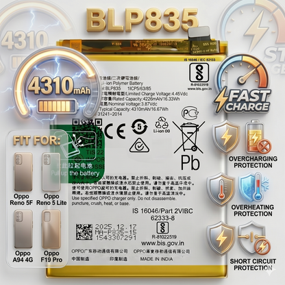 BLP835 Battery for Oppo/Reno 5F/5 Lite/A94 4G/F19 Pro 4310mAh Battery with warranty by NIVAPRO