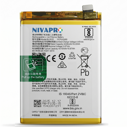 BLP835 Battery for Oppo/Reno 5F/5 Lite/A94 4G/F19 Pro 4310mAh Battery with warranty by NIVAPRO
