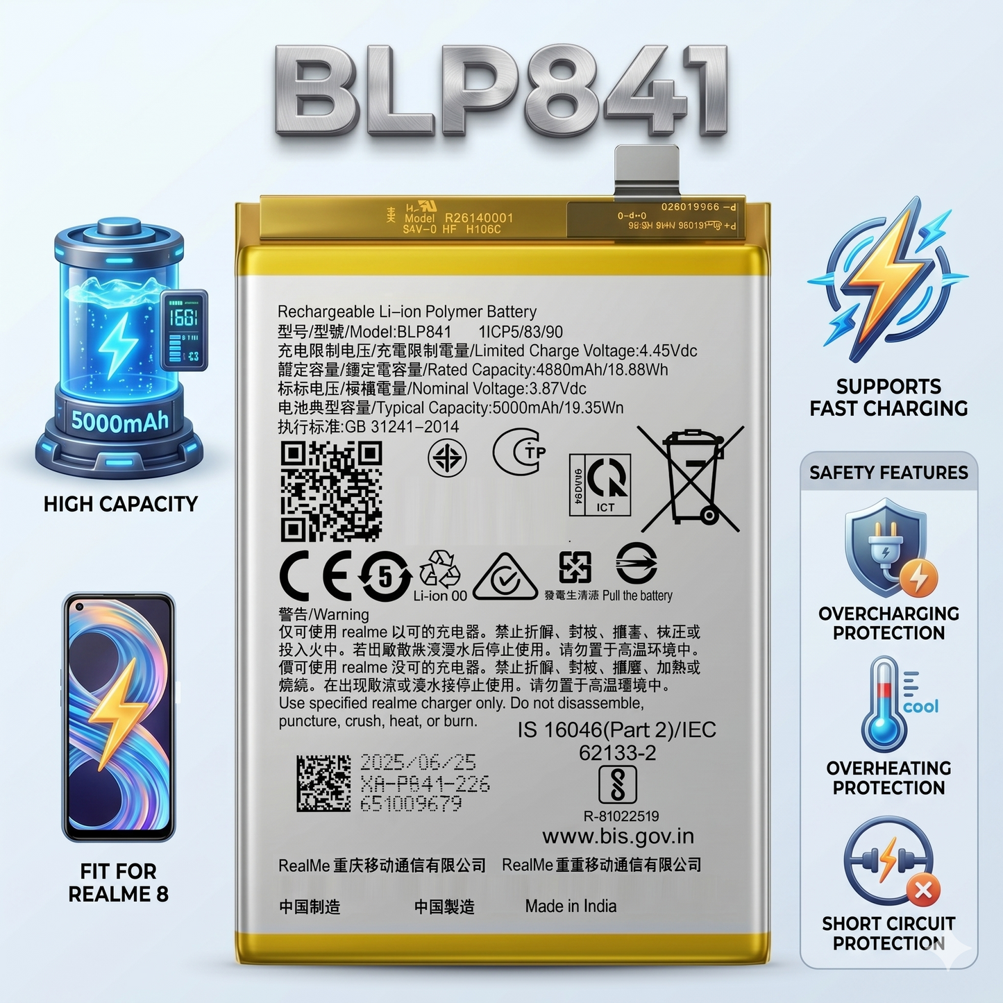 BLP841 Battery For Realme 8 5000mAh Battery with warranty by NIVAPRO