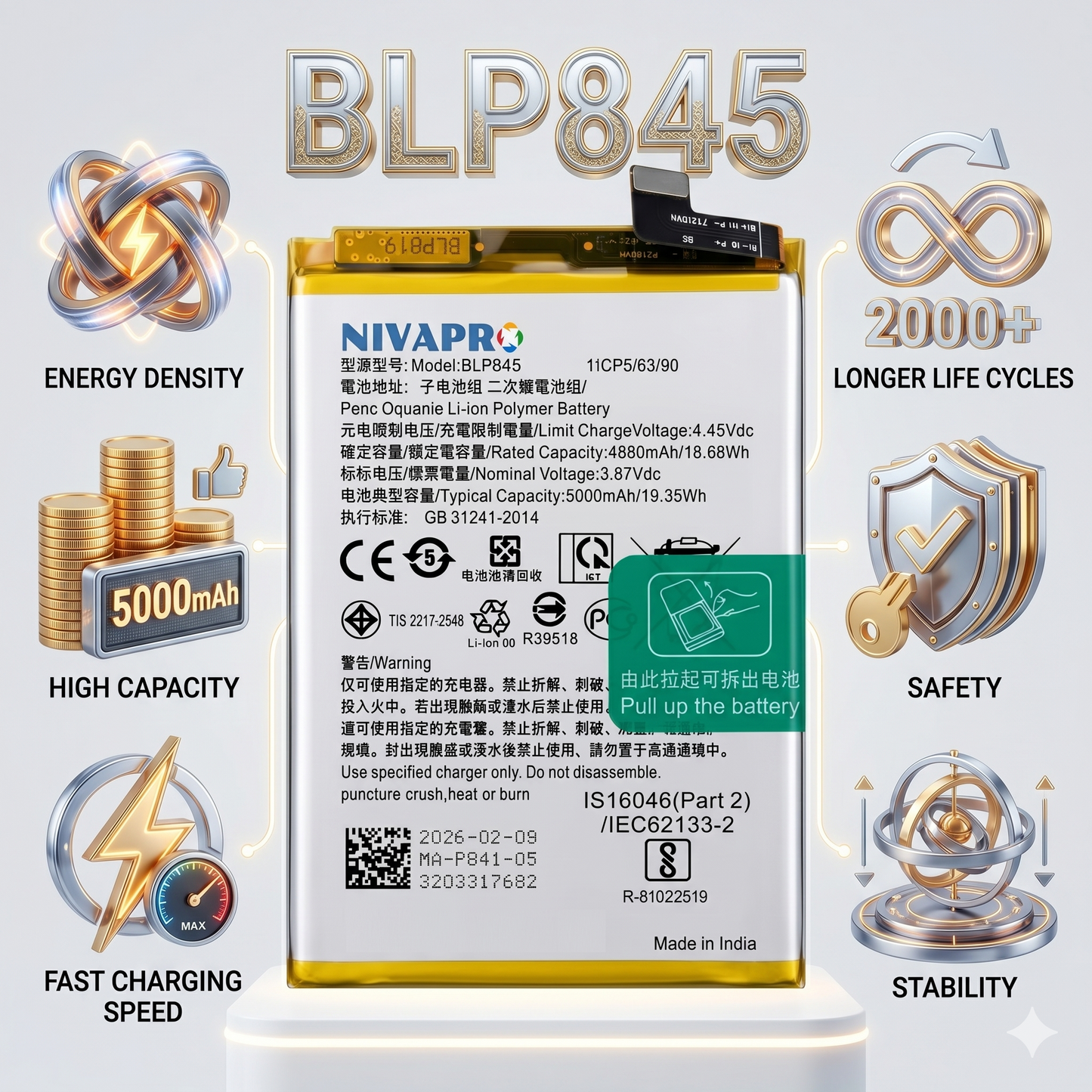 BLP845 Battery For OnePlus Nord CE 5G  4500mAh Battery with warranty by NIVAPRO
