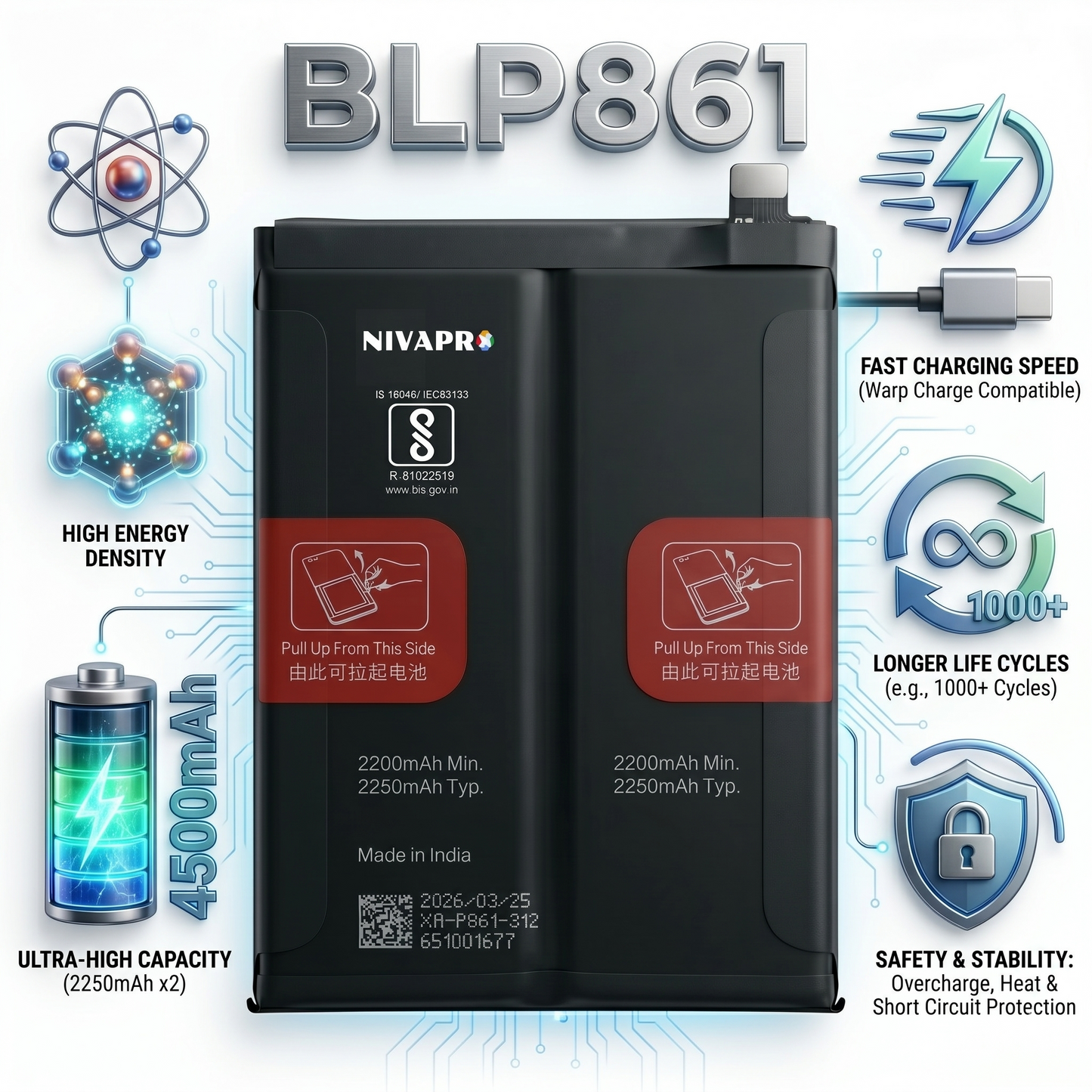BLP861 for OnePlus Nord 2 5G (DN2101), OnePlus Nord 2T 5G  4500mAh Battery with warranty by NIVAPRO