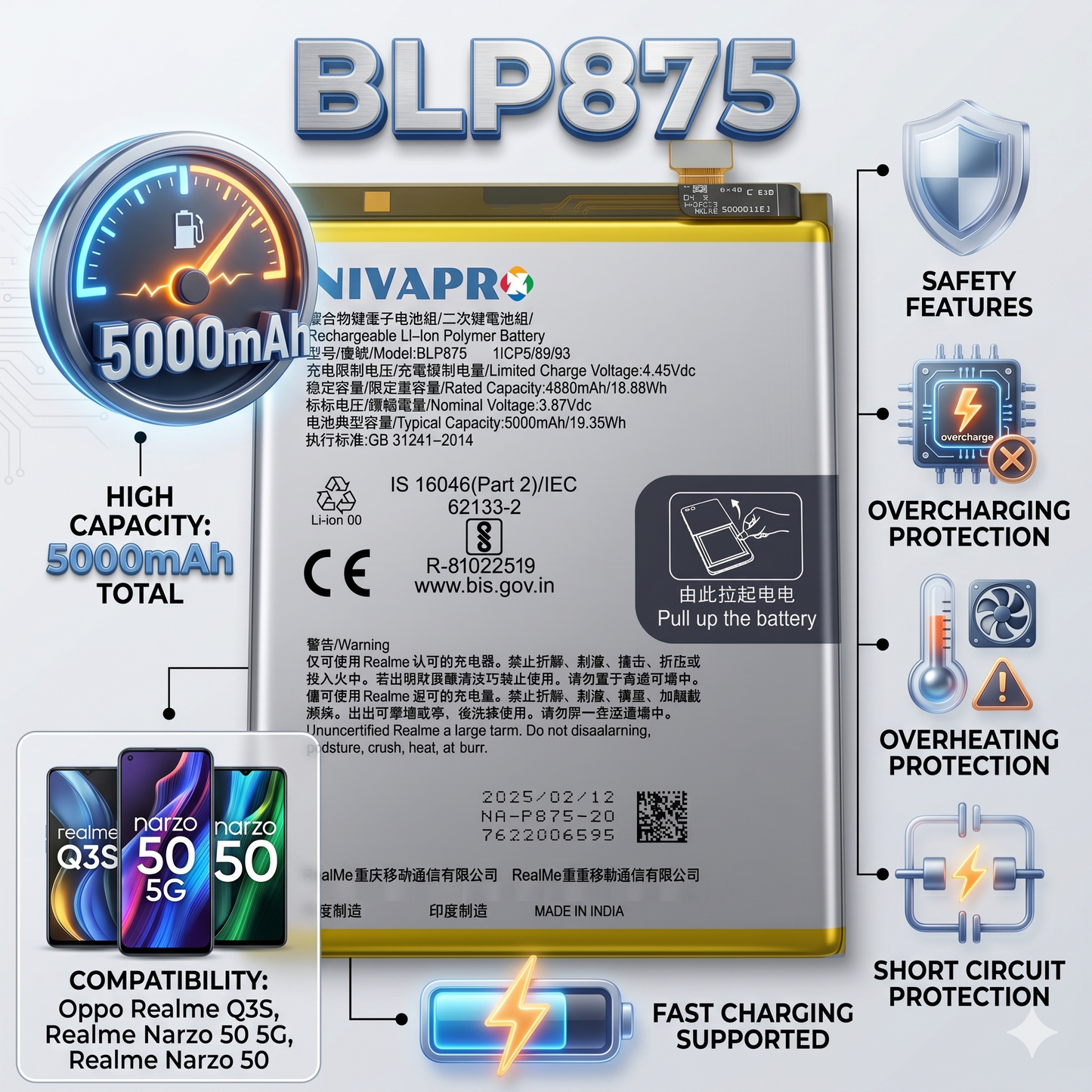BLP875 for Oppo Realme Q3S, Realme Narzo 50 5G, and Realme Narzo 50, Narzo N55 5000mAh Battery with warranty by NIVAPRO