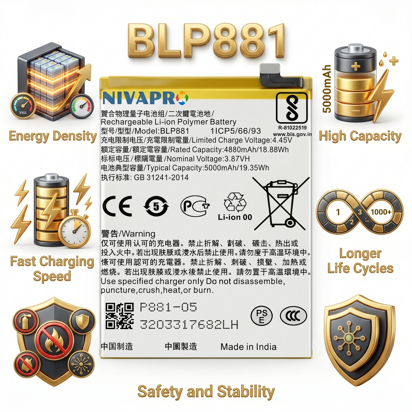 BLP881 for Oppo K9s and Oppo A57 (2022)  5000mAh Battery with warranty by NIVAPRO