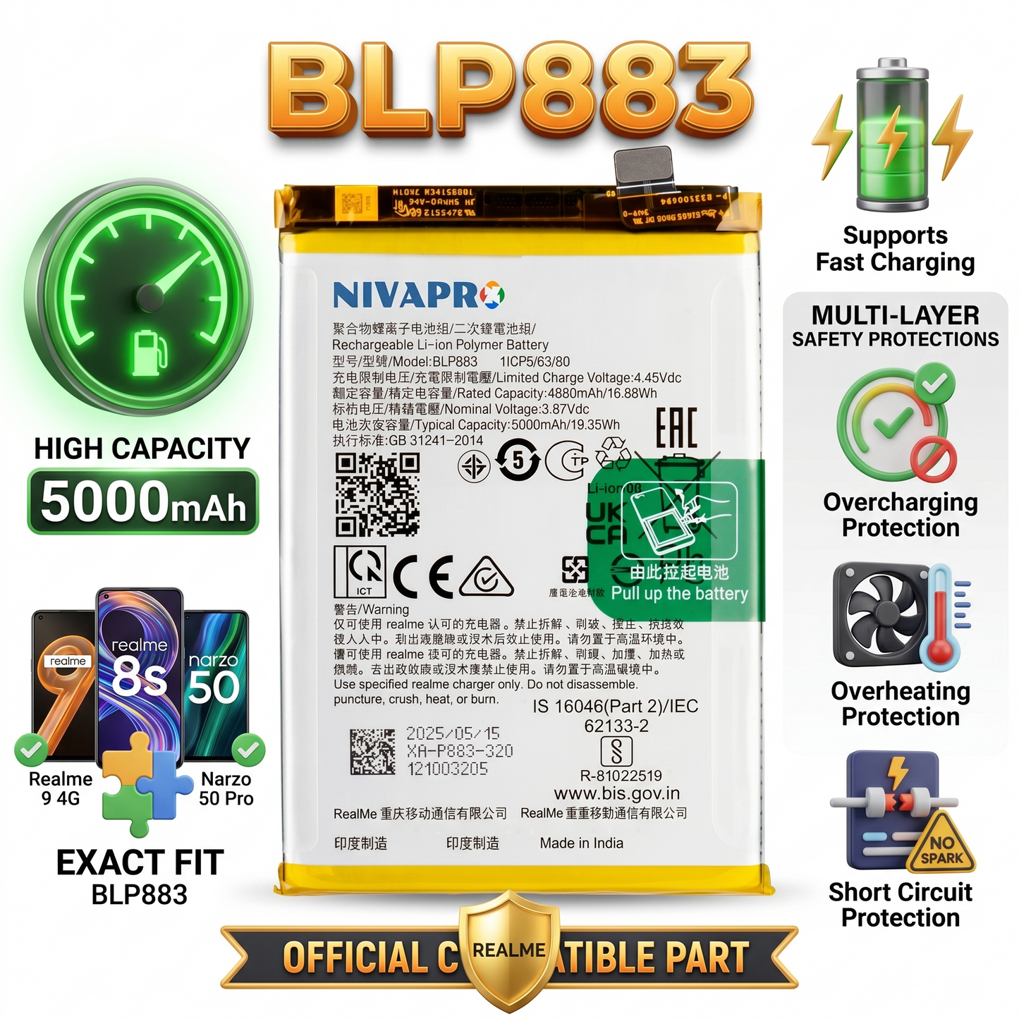 BLP883 for  Realme 9 4G (RMX3521) / Realme 8s 5G (RMX3381) / Narzo 50 Pro (RMX3395, RMX3396)  5000mAh Battery with warranty by NIVAPRO