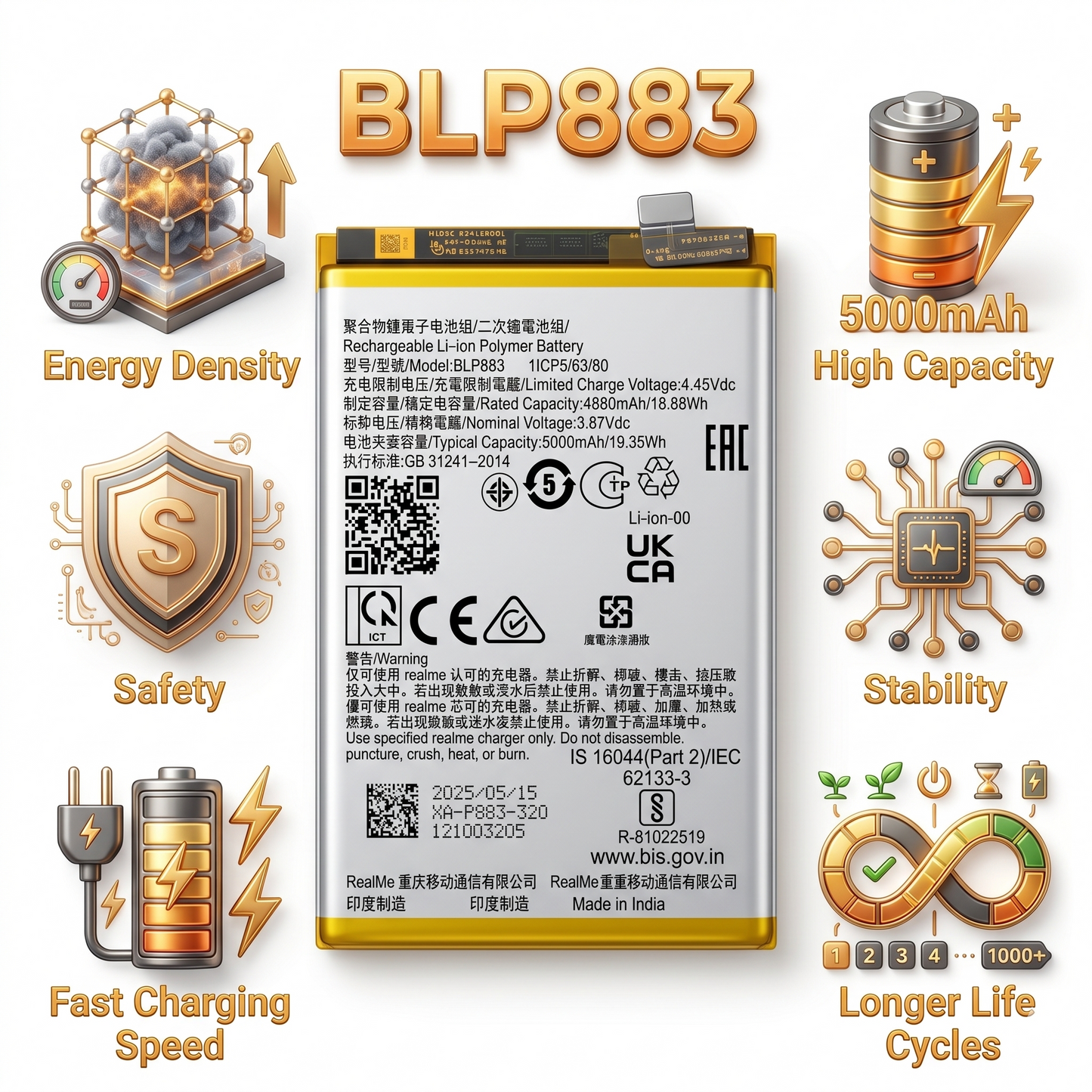 BLP883 for  Realme 9 4G (RMX3521) / Realme 8s 5G (RMX3381) / Narzo 50 Pro (RMX3395, RMX3396)  5000mAh Battery with warranty by NIVAPRO