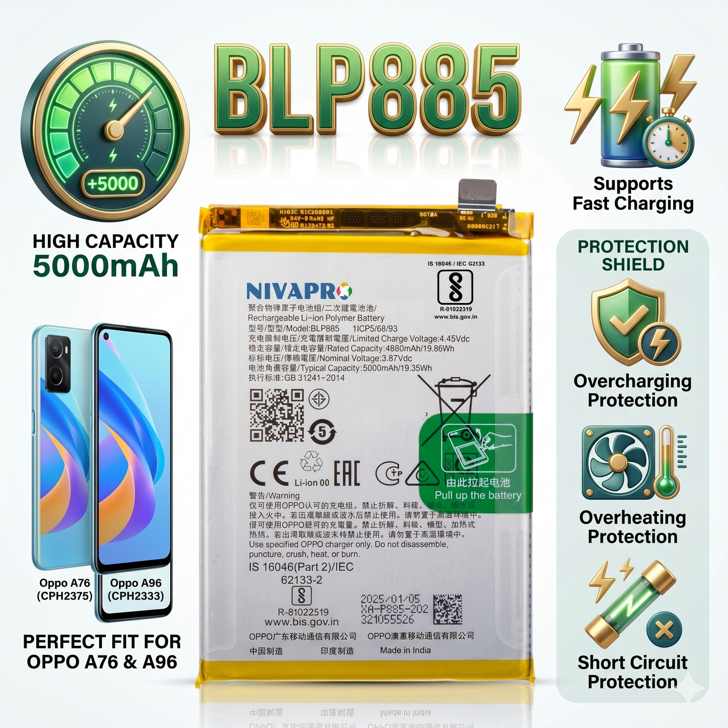 BLP885 for Oppo A76 (CPH2375) and Oppo A96 (CPH2333) 5000mAh Battery with warranty by NIVAPRO