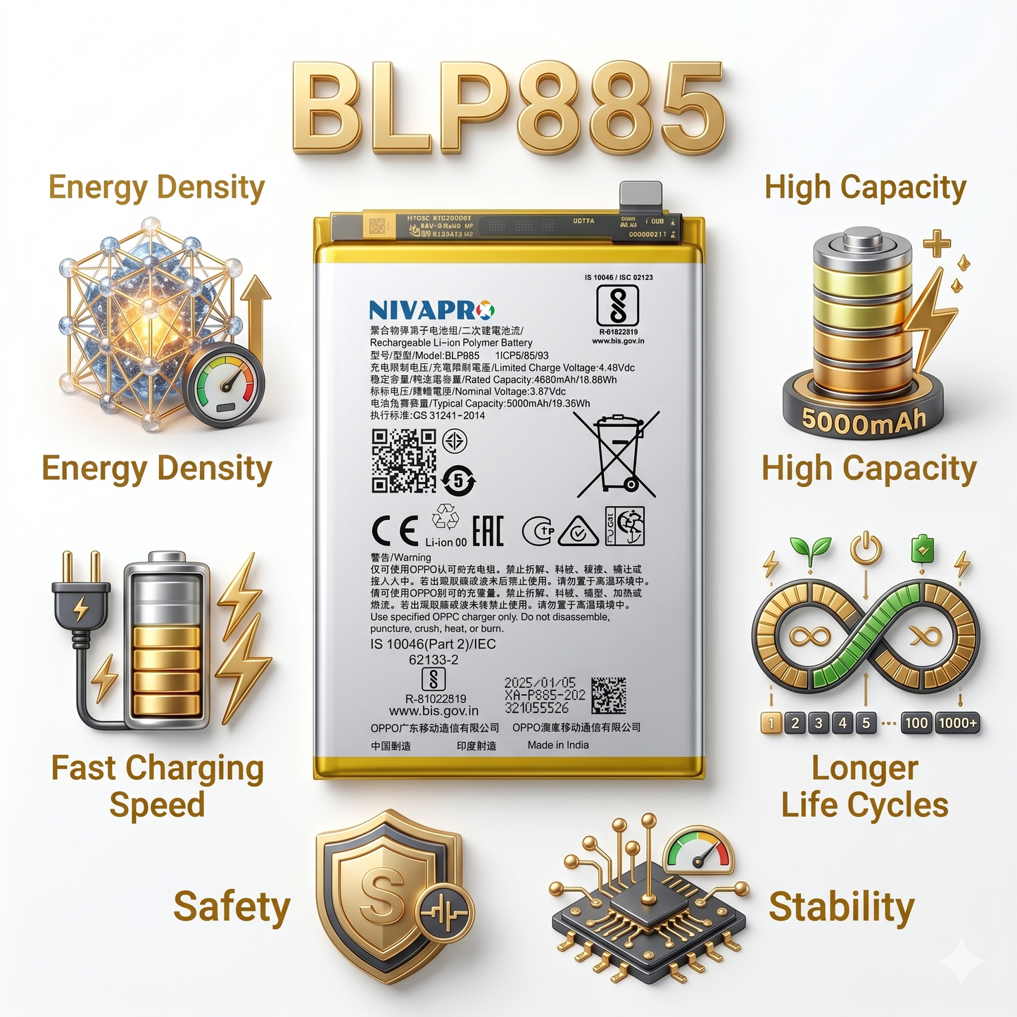 BLP885 for Oppo A76 (CPH2375) and Oppo A96 (CPH2333) 5000mAh Battery with warranty by NIVAPRO