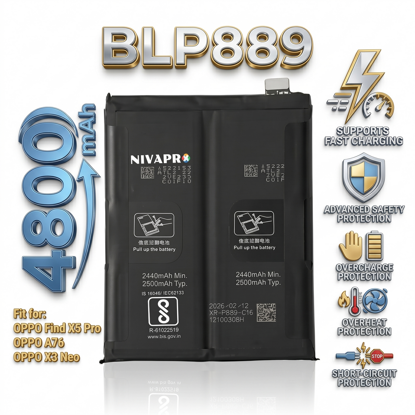 BLP889 for OPPO Find X5 Pro |  OPPO A76 | X3 Neo  4800mAh Battery with warranty by NIVAPRO