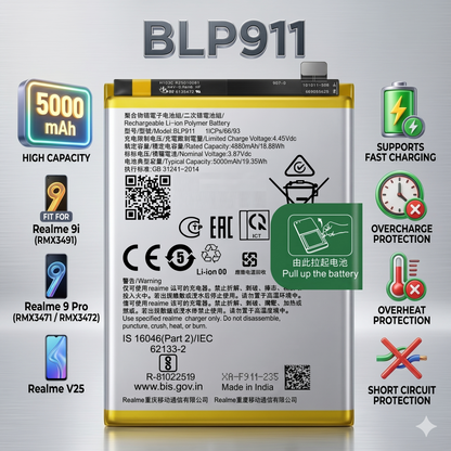 BLP911 for Realme: 9i (RMX3491), 9 Pro (RMX3471 / RMX3472), and Realme V25 5000mAh Battery with warranty by NIVAPRO