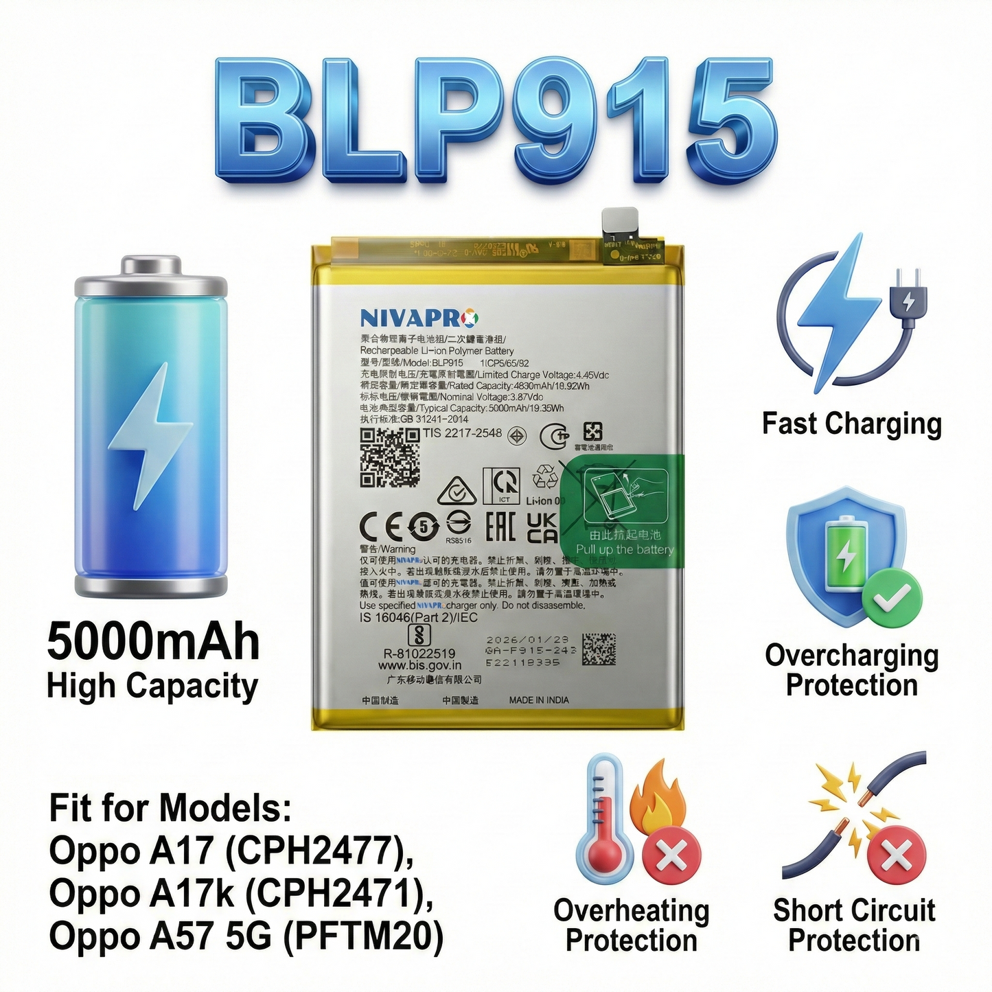 BLP915 for  Oppo A17, | A17k | A57 5G (PFTM20)  by NIVAPRO 5000mAh Battery