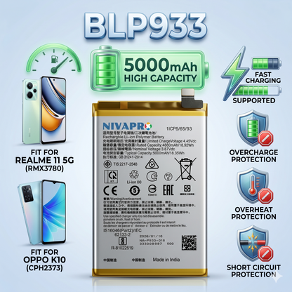 BLP933 for Realme 11 5G (RMX3780) and Oppo K10 (CPH2373) Mobile 5000mAh Battery with warranty by NIVAPRO