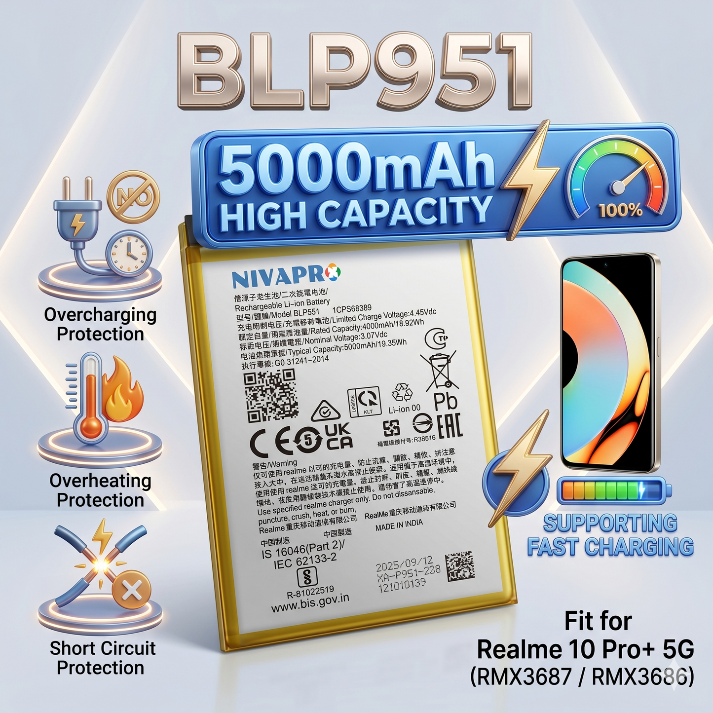 BLP951 for Realme 10 Pro+ 5G (models RMX3687, RMX3686)  5000mAh Battery with warranty by NIVAPRO