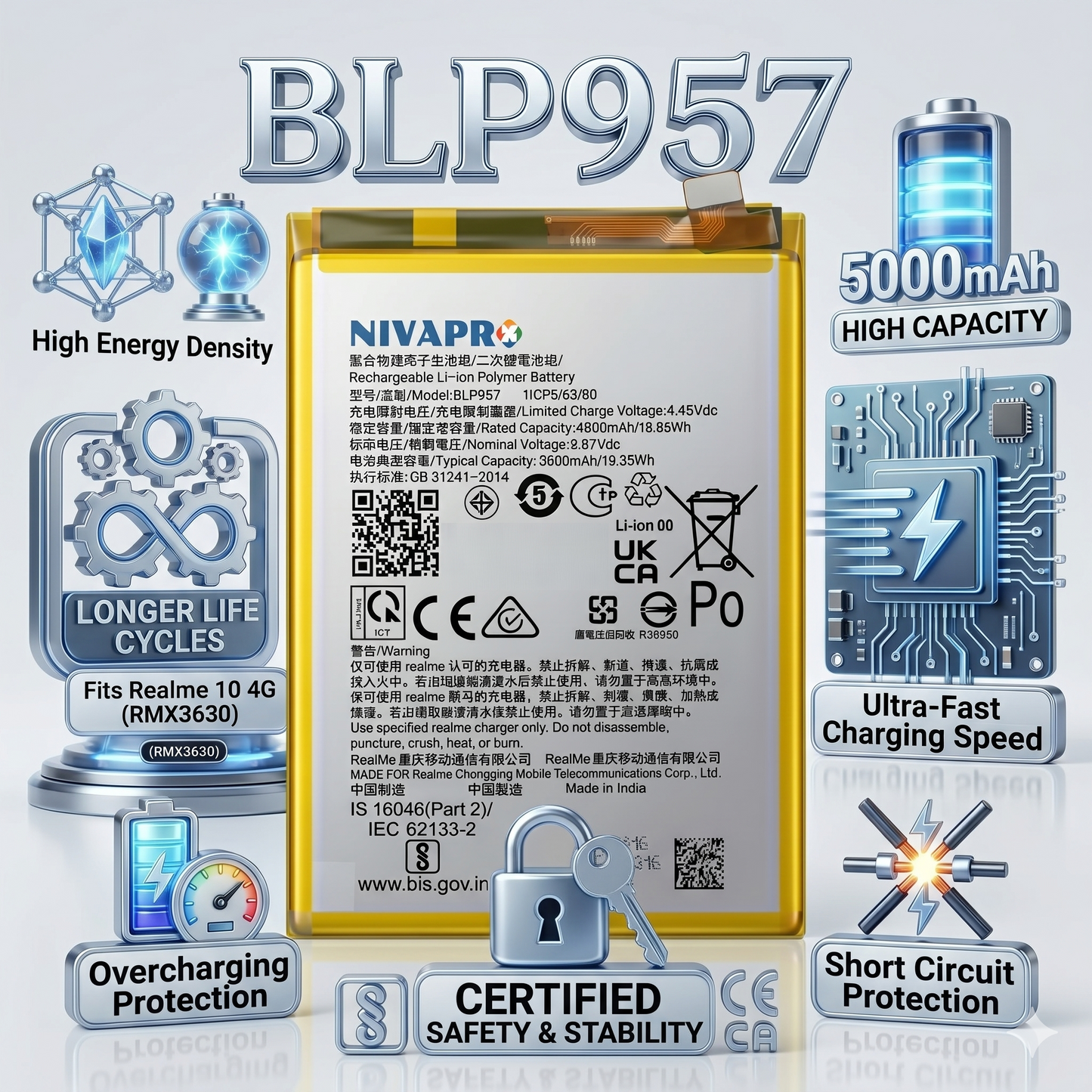 BLP957 for Realme 10 4G (model RMX3630) 5000mAh Battery with warranty by NIVAPRO