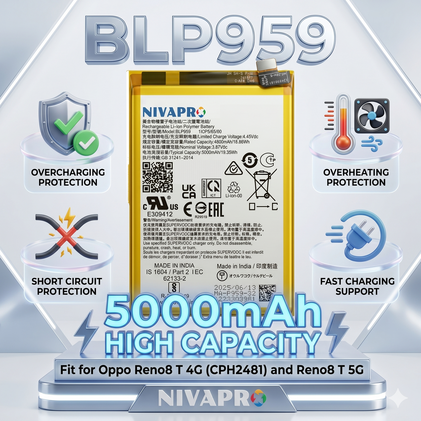 BLP959 for Oppo Reno8 T 4G (model CPH2481) and Oppo Reno8 T 5G  5000mAh Battery  with warranty by NIVAPRO