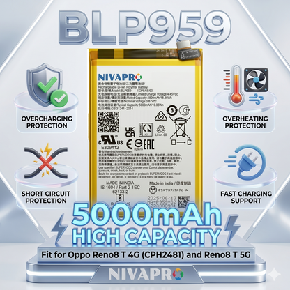 BLP959 for Oppo Reno8 T 4G (model CPH2481) and Oppo Reno8 T 5G  5000mAh Battery  with warranty by NIVAPRO