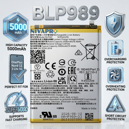 BLP989 for OnePlus Nord CE 3 Lite 5G  5000mAh 67W/80W fast charging Battery with warranty by NIVAPRO