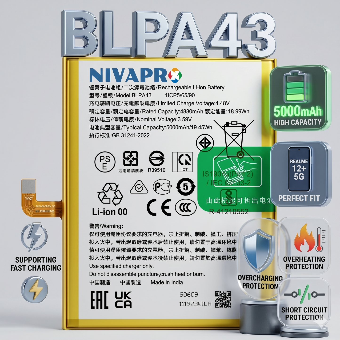 Original BLPA43 for Realme 12+ 5G (RMX3867)  5000mAh Battery with warranty by NIVAPRO