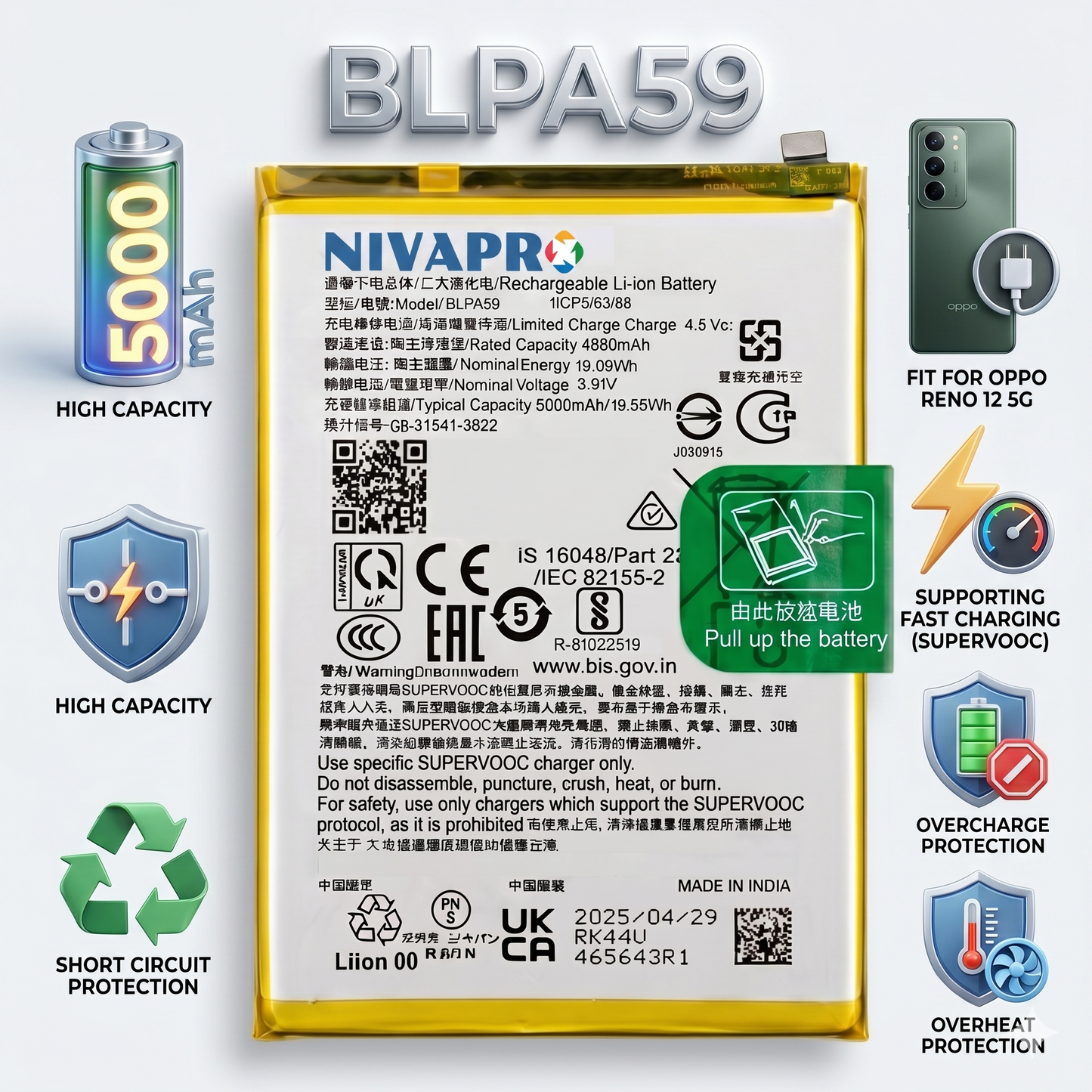Original BLPA59 for Oppo Reno 12 5G (model CPH2625) 5000mAh Battery with warranty by NIVAPRO