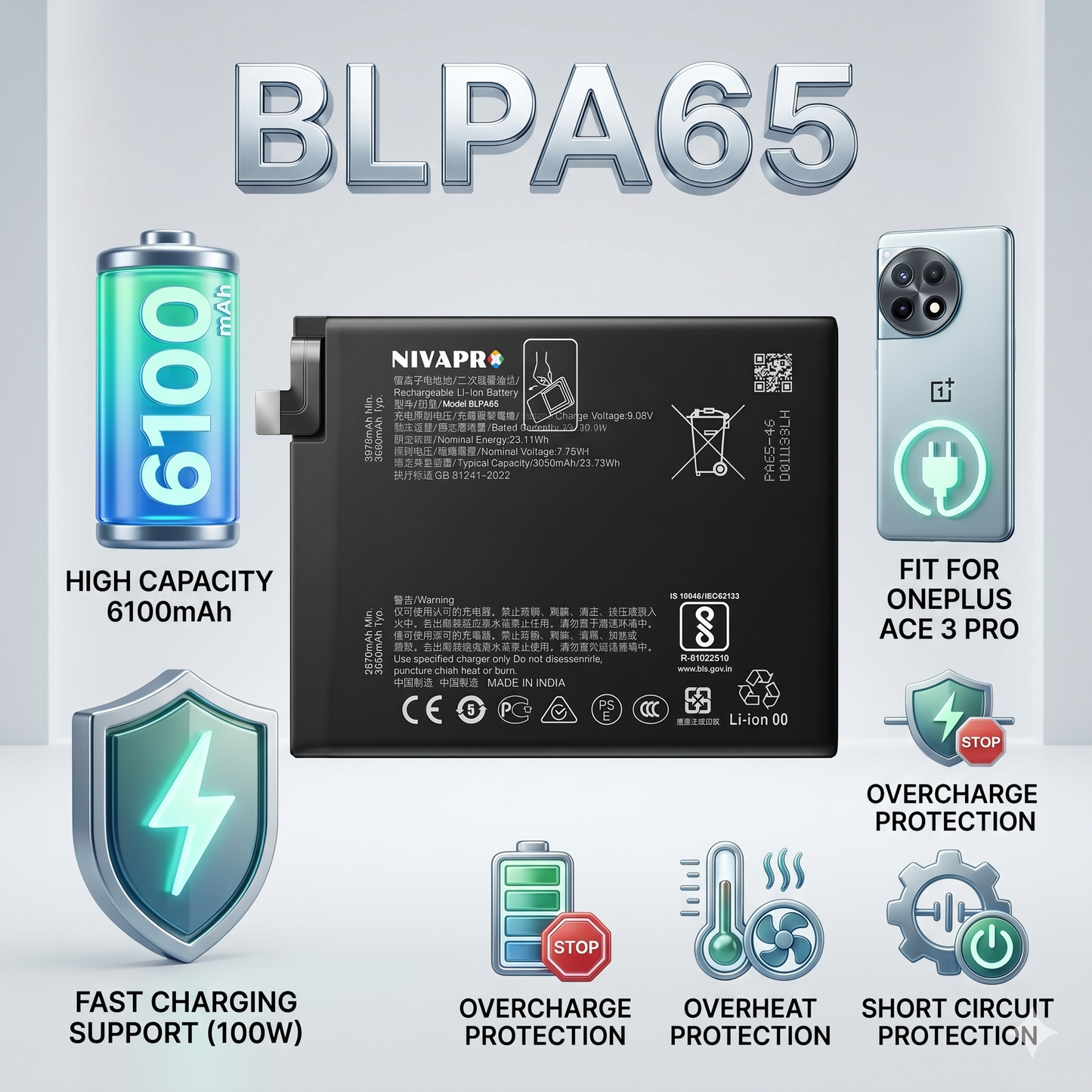 Original BLPA65 for OnePlus Ace 3 Pro (model PJX110) 6100mAh Battery with warranty by NIVAPRO