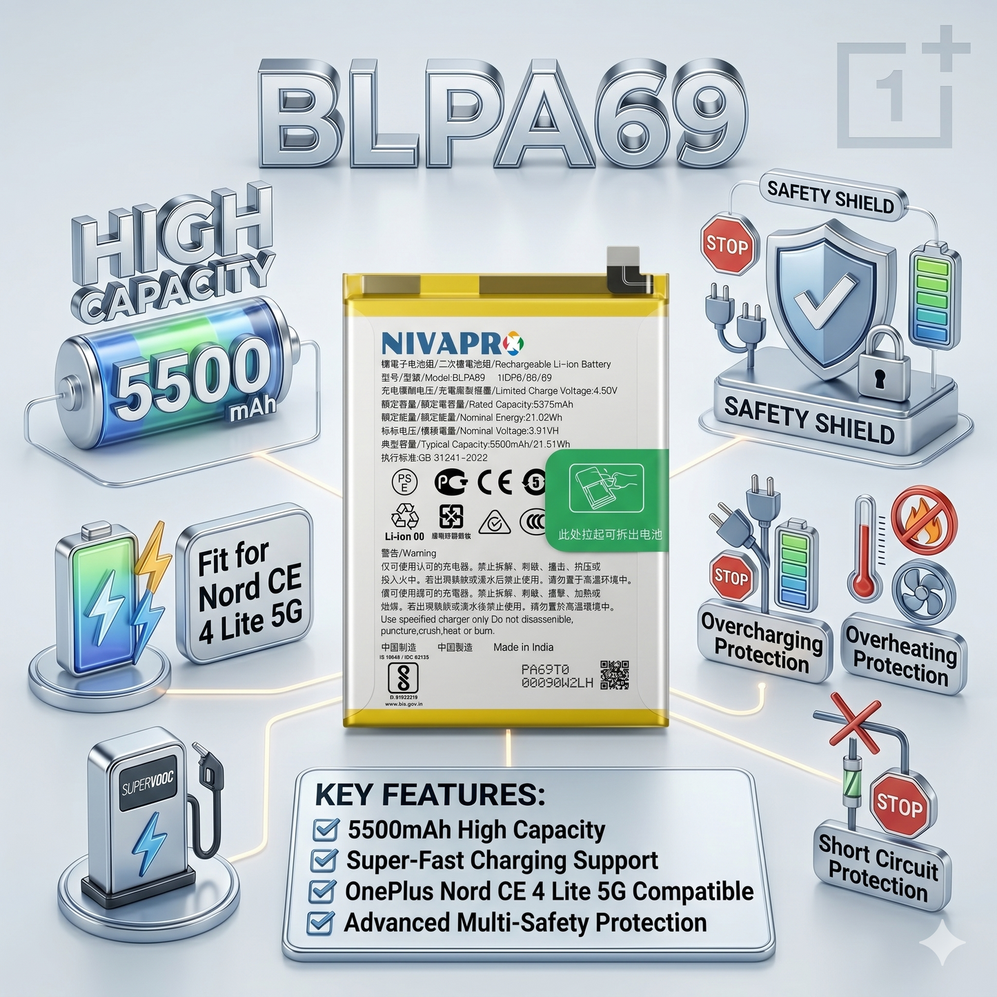 Original BLPA69 for OnePlus Nord CE 4 Lite 5G  5500mAh Battery with warranty by NIVAPRO