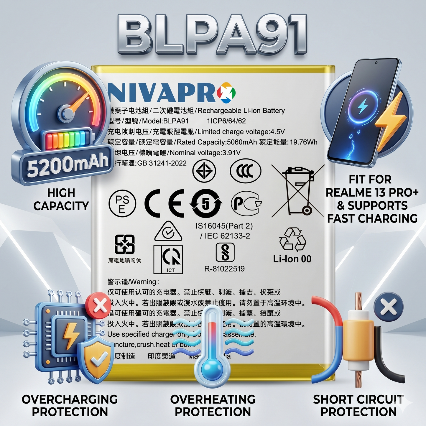Original BLPA91 for Realme 13 Pro+ 5200mAh Battery with warranty by NIVAPRO