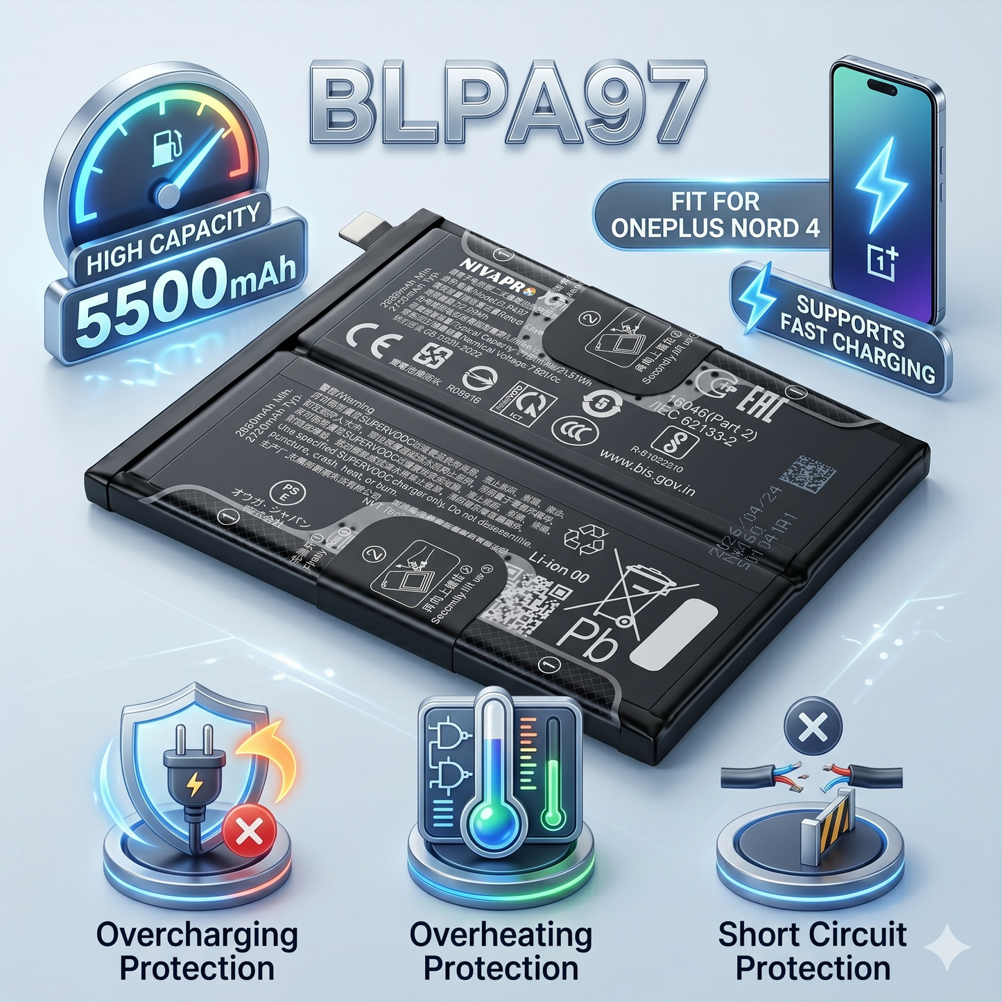 Original BLPA97 for  OnePlus Nord 4 (models CPH2663 and CPH2661) 5500mAh Battery with warranty by NIVAPRO